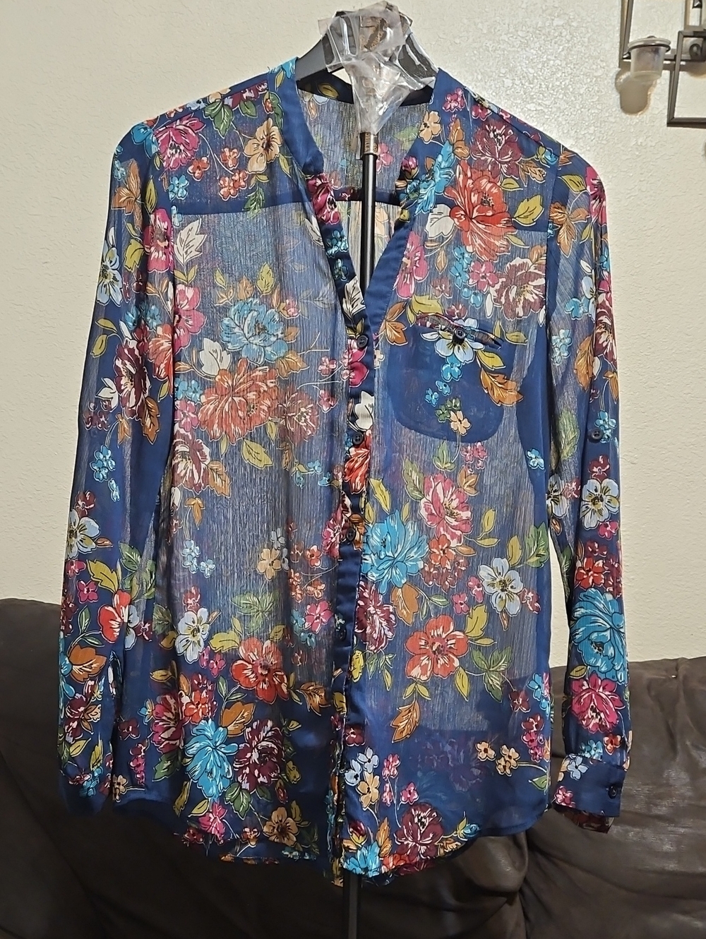 Kut from the Kloth Navy Sheer Floral Button-Down Blouse with Multicolor Blooms